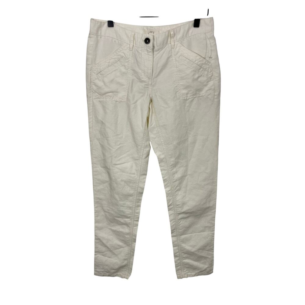 Ann Taylor Loft Pants 0 Linen Blend Pockets Tapered Ivory Casual Coastal Preppy
